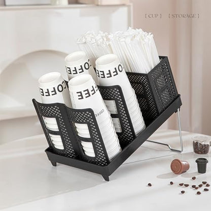 Cup and Lid Holder, Disposable Paper Cup Dispenser with Stand, 6 Slots Coffee Cup and Lid Storage Holder with Straw Organizer for Coffee Station Bar Office Home Countertop Breakroom Restaurant