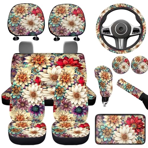 Boho Lotus Car Seat Covers Full Set for Front Rear Auto Interior Decorations 12 Piece Steering Wheel Cover Car Seat Covers Armrest Pad Headrest Covers Fit for Truck Vans Suvs - color: Boho Lotus