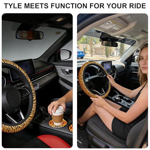 Tiger Stripes Steering Wheel Cover with 2 PCS Cup Coasters for Car,Animal Skin 15 Inch Non-Slip Neoprene Steering Wheel Covers,Breathable Car Accessories Fit for Men Women - color: Tiger Stripes