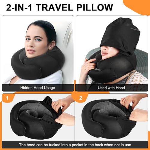 Travel Pillow - Hooded Neck Pillow Airplane Memory Foam Filling for Plane, Office, Cars Sleeping, Road Trip, Long Flights, Airplane Travel Essentials, Includes Eye Mask & Earplugs (Black) - color: Black