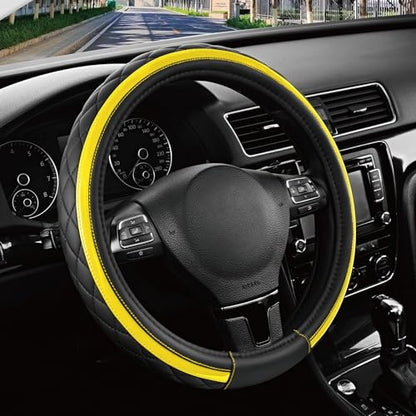 Road Comforts Leather Steering Wheel Cover – Black & Yellow, Universal Fit 14.5-15 Inch, Microfiber Leather, Anti-Slip & Breathable Design for Men and Women - color: Yellow