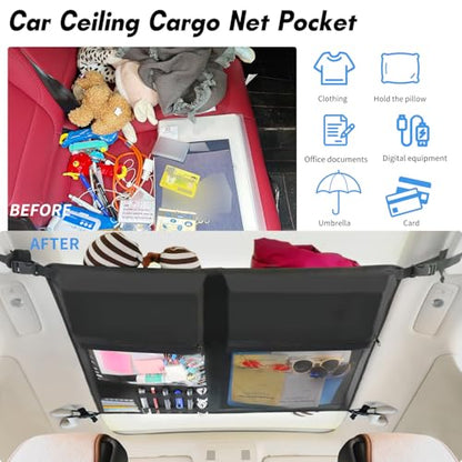 Car Ceiling Cargo Net,Double-Layer Mesh Car Roof Storage Organizer,Strengthen Load-Bearing Mesh Net Storage Pocket,Camping Road Trip Essentials Truck SUV Organizer Accessories