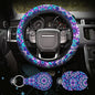 4 Pieces Mandala Purple Lotus Steering Wheel Cover Set with 2pcs Car Cup Coasters & Quarter Keyring, Cute and Fashionable Non-Slip Purple Steering Wheel Cover, Universal Fit 14-15.5 inches - color: Purple Mandala