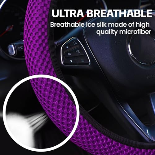 Elastic Stretch Car Steering Wheel Cover, Comfortable Steering Wheel Cover Universal for 14.5-15 Inch, Warm in Winter & Cool in Summer, Anti-Slip Breathable Ice Silk (Purple) - color: Purple