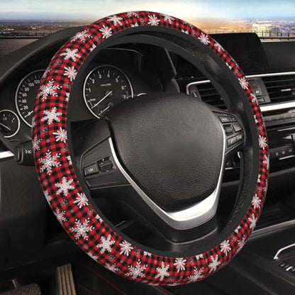 Snowflake Christmas Red Buffalo Plaid Car Steering Wheel Cover,Non-Slip Elastic Neoprene-Sweat Car Accessories,Universal 15 Inch Fit Auto, Vans Trucks,Suvs, Truck - color: Snowflake