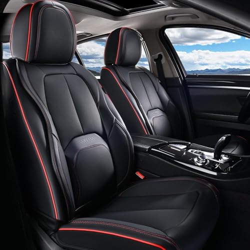 Coverado Car Seat Covers Front Seats, Waterproof Leather Seat Covers for Cars, Luxury Car Seat Covers with Lumbar Support, Car Seat Protector Driver Seat Covers Universal Fit Most Cars (Black&Red) - color: A-Black&Red Line, size: Front