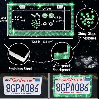 NBTEPEM 27 PCs Green Bling Car Accessories Set for Women, Steering Wheel Covers Universal Fit 15 Inch, Bling License Plate Frame, Bling Phone Holder, Bling Car Coasters (Green Diamond) - color: Green Diamond