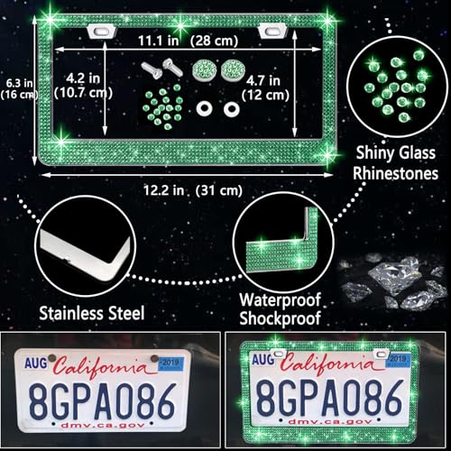 NBTEPEM 27 PCs Green Bling Car Accessories Set for Women, Steering Wheel Covers Universal Fit 15 Inch, Bling License Plate Frame, Bling Phone Holder, Bling Car Coasters (Green Diamond) - color: Green Diamond