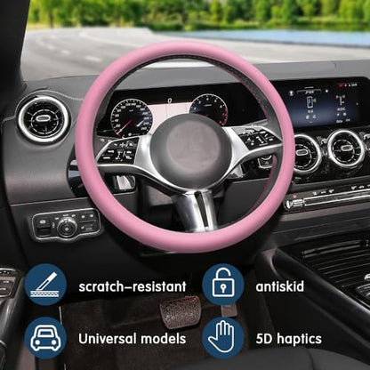 Car Steering Wheel Cover, 13 to 14.17 inches Non-Slip Silicone Steering Wheel Protector, Car Accessories Thin Soft Leather Texture Steering Wheel Protective Cover for Most Cars (Pink) - color: Pink