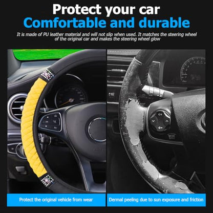 Osilly Bling Car Steering Wheel Cover, 15 Inch Rhinestones Soft Leather Elastic Steering Wheel Protector, Sparkly Crystal Diamond for Women Girls (Yellow) - color: Yellow