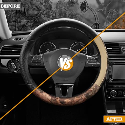Mossy Oak Full Camo Steering Wheel Cover - Made from Premium Leather, Universal Fit for 14 1/2 to 15 inches - Official Licensed Product - Beige Color - color: Beige