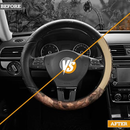 Mossy Oak Full Camo Steering Wheel Cover - Made from Premium Leather, Universal Fit for 14 1/2 to 15 inches - Official Licensed Product - Beige Color - color: Beige
