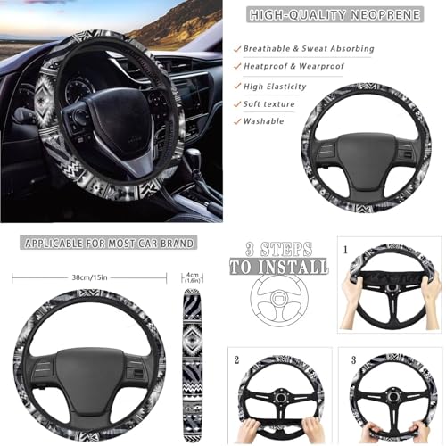 Wanyint Car Seat Covers Set 14 Pack, with Steering Wheel Safe Belt Pads Handbrake Set Coasters Garbage Container Rear View Mirror Center Console Cover Auto Accessories, Aztec Navajo Zebra Print - color: Aztec Navajo Zebra Print