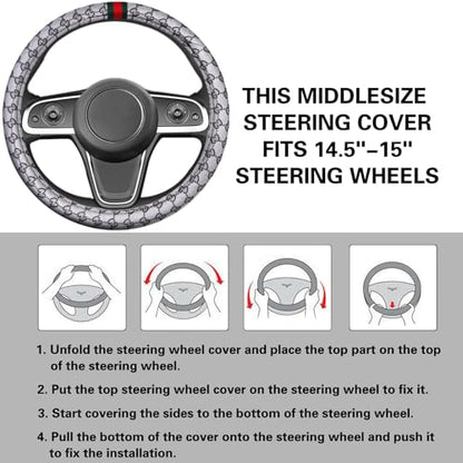 5PCS Steering Wheel Cover, with 2 Headrests, 2 Seat Belt Covers - Universal Fit for 14.5-15" Steering Wheel, Enhances Driving Experience - Perfect for Women (Gray) - color: Gray