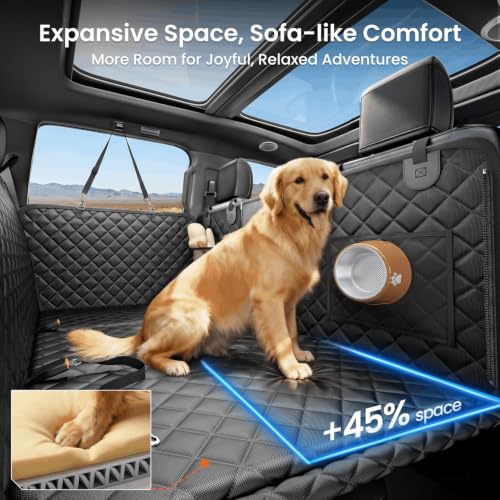 REEVAA 2.0 Hard Bottom Back Seat Extender for Heavy-Duty Dogs, Dog Truck Seat Cover with Cushion Sponge, Waterproof Dog Hammock with Mesh Window for Car, Universal Fit for Crew Cab Truck/SUV, XL Black - size: XL- Full-Size Trucks, SUVs