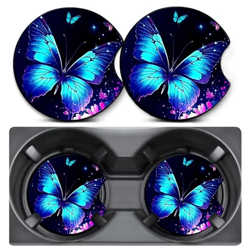 2 Pack Car Coasters for Cup Holders,Blue Butterfly Car Cup Holder Coasters,2.75" Universal Size Anti Slip Rubber Mat,Automotive Interior Accessories,Car Cup Holder Decor,Butterfly Gifts for Women Mom - color: Butterfly - Blue