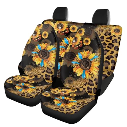 Leopard Sunflower Car Seat Covers Full Set for Front and Rear Cheetah Interior Accessories Auto Front Rear Seat Protective Set 4 Pack Leopard Print Automotive Seat - color: Sunflower Leopard Print