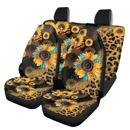 Leopard Sunflower Car Seat Covers Full Set for Front and Rear Cheetah Interior Accessories Auto Front Rear Seat Protective Set 4 Pack Leopard Print Automotive Seat - color: Sunflower Leopard Print