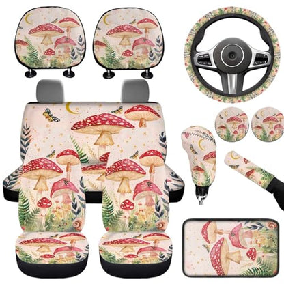 Mushroom Car Seat Cover Set for Front and Rear Cute Auto Interior Accessories Steering Wheel Covers Set Armrest Pad Headrest Covers Handbrake Gear Cover Cup Holder Universal Fit - color: Mushroom