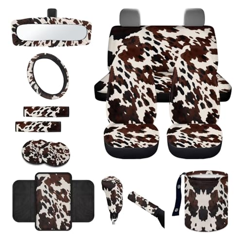 Wanyint Black Brown Cow Print 14 PCS Car Seat Cover Full Set with Steering Wheel Cover Seat Belt Strap Pads Cup Coasters Trash Bag Rearview Mirror Cover Armrest Cover Pad Handbrake Cover Set Car Decor - color: Black Brown Cow Print