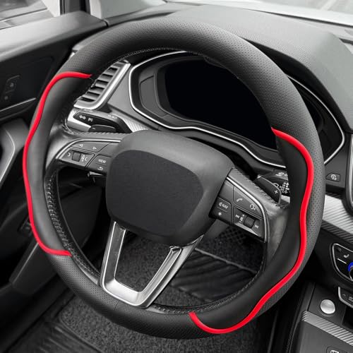 Nappa Leather Steering Wheel Cover. Stylish Striped Design, Universal fit for 14.5–15-inch Steering Wheels, Slip-Resistant and Breathable, Protects the Steering Wheel. Black and red - color: Black and red