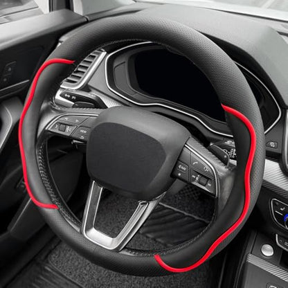 Nappa Leather Steering Wheel Cover. Stylish Striped Design, Universal fit for 14.5–15-inch Steering Wheels, Slip-Resistant and Breathable, Protects the Steering Wheel. Black and red - color: Black and red