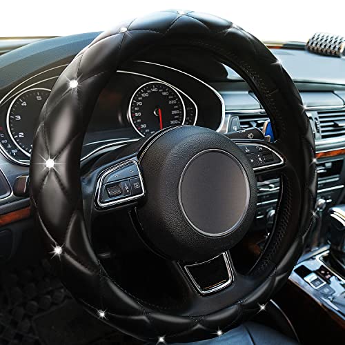 Diamond Leather Bling Steering Wheel Cover, Universal Car Steering Wheel Protector with Crystal Rhinestones Anti-Slip Soft Interior Accessories for Women and Girl Fit 15 inch -Black - color: Black