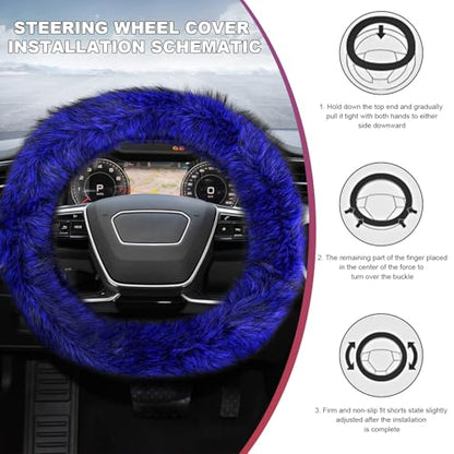 Fluffy Steering Wheel Cover, 15 Inch Anti-Slip Microfiber Plush Fuzzy Steering Wheel Cover, Winter Warm Elastic Fuzzy Steering Wheel Covers for Women and Men, Car Accessories (Blue) - color: Blue