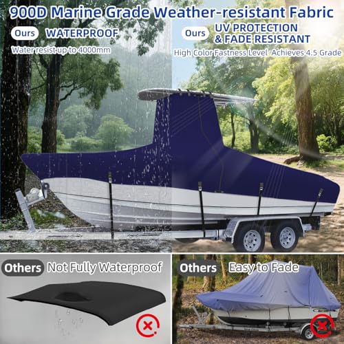 Marine Grade Waterproof Center Console Boat Cover with T Top Roof, Tear Resistant Trailerable Storage Covers, All-Weather Protection T-Top Boat Cover 26-28 ft, Beam Width Up to 116", Navy - color: Navy, size: 26'-28'Long (Beam width up to 116'')