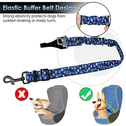 SlowTon Dog Seat Belt, Adjustable Dog Safety Belt Leash, 2 in 1 Latch Bar Attachment Dogs Car Seatbelt with Elastic Nylon Bungee Buffer, Reflective Nylon Belt Tether Connect (BL Dog Paw) - color: Blue Dog Paw