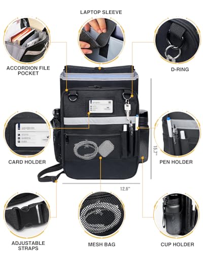 Car Front Seat Organizer with Accordion File Pocket | Laptop Sleeve (Up to 15.6 In) | Privacy Flap | Cup Holders | Adjustable Straps | Holds Tablets, Files, Supplies | for Work on the GO