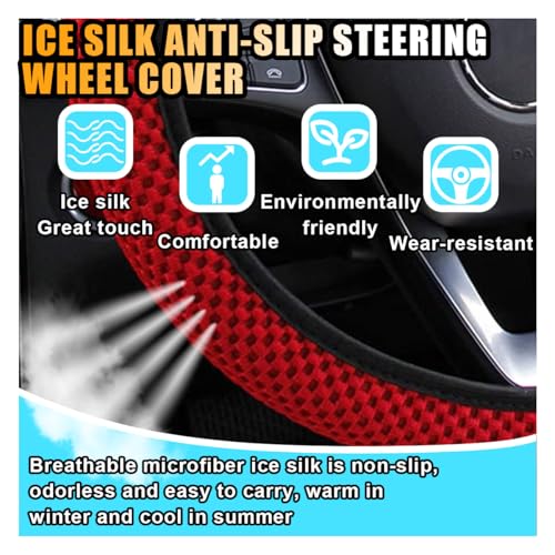 Stretch Elastic Steering Wheel Cover, All-Season Comfort, Warm in Winter & Cool in Summer, Universal 15 Inch Microfiber Breathable Ice Silk, Anti-Slip, Odorless, Easy Carry, Fit Car, SUV (Red)