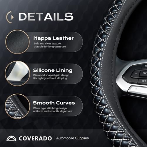 Coverado Car Steering Wheel Cover, Nappa Leather Black & Grayline Steering Wheel Covers, Universal 14-15 inch, Anti-Slip, Breathable Steering Wheel Protector for Women Men - color: C-Greyline