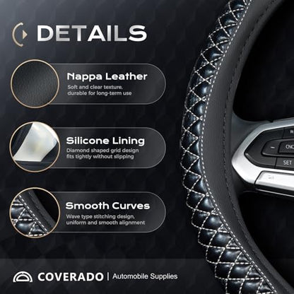 Coverado Car Steering Wheel Cover, Nappa Leather Black & Grayline Steering Wheel Covers, Universal 14-15 inch, Anti-Slip, Breathable Steering Wheel Protector for Women Men - color: C-Greyline