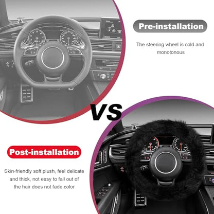 Fluffy Steering Wheel Cover, 15 Inch Anti-Slip Microfiber Plush Fuzzy Steering Wheel Cover, Winter Warm Elastic Fuzzy Steering Wheel Covers for Women and Men, Car Accessories (Black) - color: Black