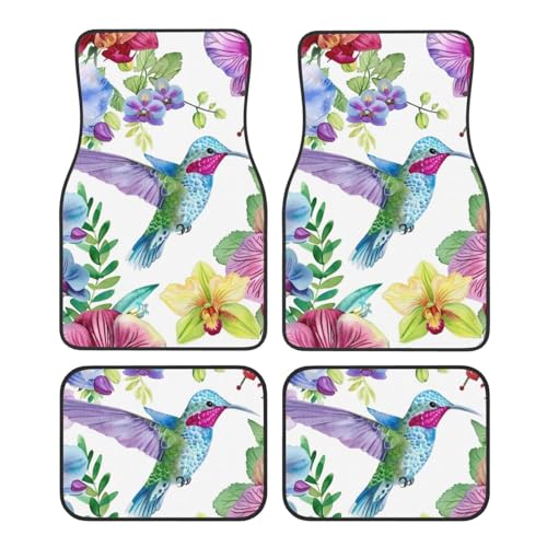 Universal Fit Car Floor Mats, Watercolor Hummingbird Flower Floral Nature Plant Set of 4pcs Car Carpet Fit for SUV, Vans, Sedans, Trucks - color: Hummingbird Flower