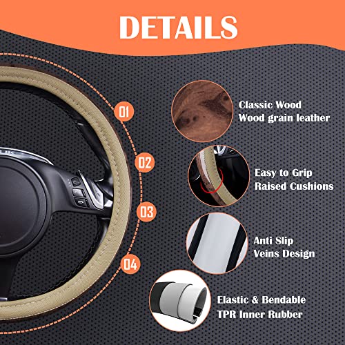 CAR PASS Wood Grain 14.5-15 inch Microfiber Leather Steering Wheel Cover, Anti-Slip Veins Design Steering Wheel Universal Fit for Most Cars, Sedans, SUV， Beige - color: beige