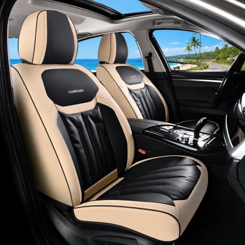 Coverado Front Seat Covers, Waterproof Leather Car Seat Covers, Seat Covers Car Seat Protector, Automotive Seat Covers Universal Fit for Most Cars(Front, Beige&Black) - color: Beige&Black, size: Front