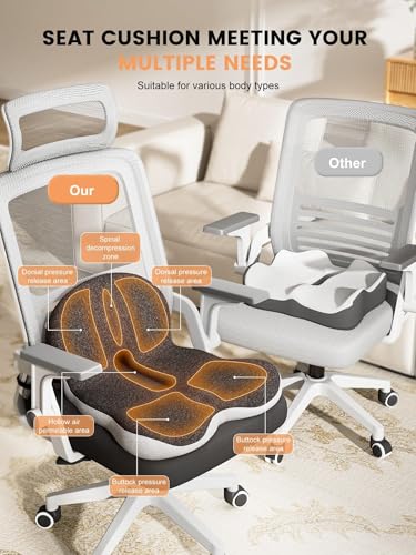 Office Chair Seat Cushion for Long Sitting Workers - L-Shaped Ergonomic Memory Foam with Tailbone Support & Adjustable Strap