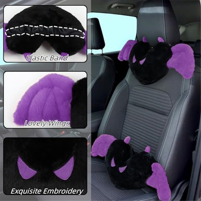 Sexysamba 2 Pcs Heart Shaped Car Headrest Pillow Devil & Angel Wings Neck Pillow Cute Car Seat Decor Neck Support Cushions for Travel Sleeping, Driving, Home, Office, Purple Devil