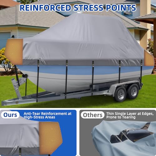 Marine Grade Waterproof Center Console Boat Cover with T Top Roof, Tear Resistant Trailerable Storage Covers, All-Weather Protection T-Top Boat Cover 26-28 ft, Beam Width Up to 116", Gray