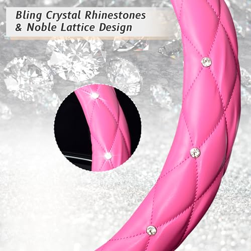 KAFEEK Diamond Leather Steering Wheel Cover with Bling Bling Crystal Rhinestones, Universal 15 inch,Dark Pink - color: Dark Pink, size: Medium(Standard) Size[14.5"-15"]