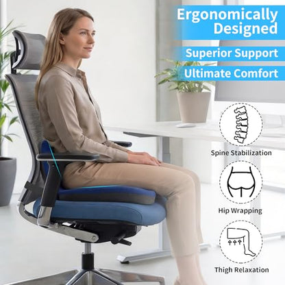 Memory Foam Truck Seat Cushion & Lumbar Support Set – Ergonomic U-Shape Tailbone Relief + L-Shape Back Cushion for Long-Haul Semi/Pickup Drivers Breathathable Cover Non-Slip Bottom Dark Blue - size: Dark blue+Dark Gray