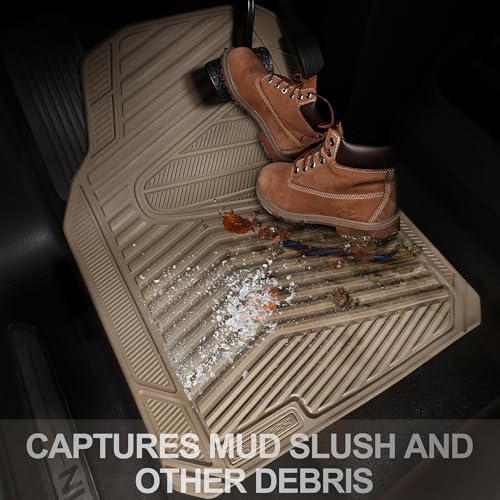 CAR PASS Rubber Car Mats, Waterproof Car Floor Mats All Weather Car Mat Full Set 3 Piece, Tan Automotive Floor Mat Trim to Fit for Cars Sedan SUVs Trucks, Anti-Slip Easy Clean, All Beige
