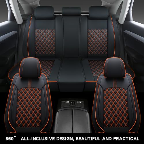 Comfortable Leather Auto Car Seat Covers Front & Rear Seat Protector Fit Sedan SUV 5 Seats Full Set Universal Fit (Black & Orange)