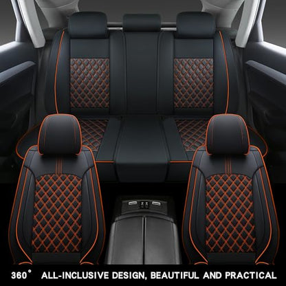 Comfortable Leather Auto Car Seat Covers Front & Rear Seat Protector Fit Sedan SUV 5 Seats Full Set Universal Fit (Black & Orange)