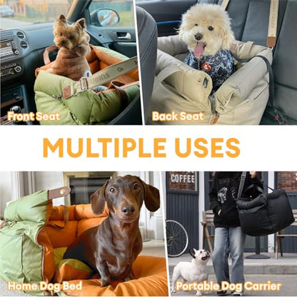 FUNNYFUZZY Luxury Dog Car Seat for Small Medium Dogs Under 35 lbs, Waterproof Leather Pet Booster Seat with Safety Leash & Anti-Slip Base, Fully Padded Dog Car Bed, Portable Puppy Carrier(Green)