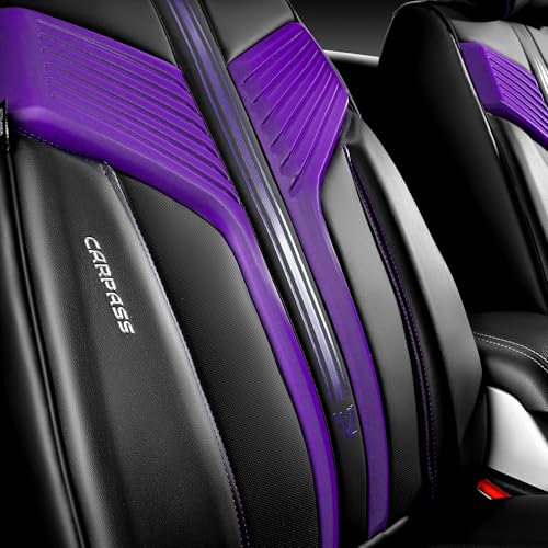 CAR PASS Nappa Leather Seat Covers, Breathable Waterproof Car Seat Covers Full Set, Luxury Leather Front and Back Seats Full Coverage, Universal Fit SUV Pick-up Truck Sedan Automotive(Black Purple) - color: Black Purple, size: Full Set Full Coverage