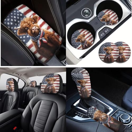 Highland Cattle Print Car Seat Cover Full Sets, Set of 16, American Flag Print Car Front Rear Seat Covers with Steering Wheel Cover Seatbelt Pads Armrest Pads Gear Shift and Handbrake Covers - color: Brown and White - Highland Cattle American Flag
