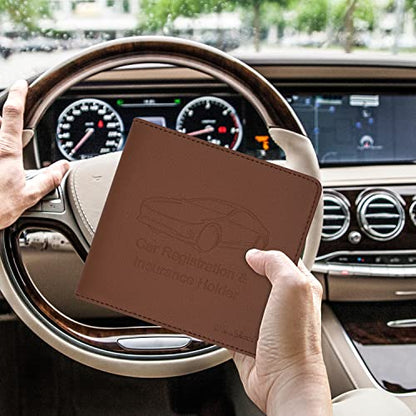 Car Insurance and Registration Holder, 5.5 x 5 Inch PU Leather Vehicle Glove Box Organizer Wallet Case for Insurance Card, Driver License, Paperwork - Brown - color: Brown